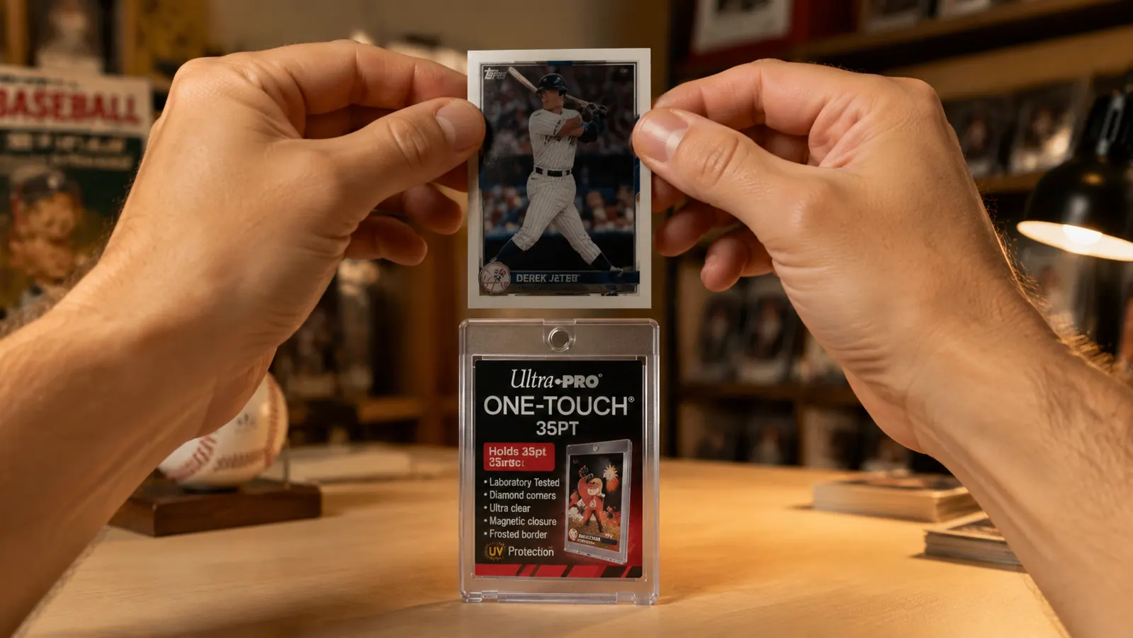 Hands sliding a baseball card into an Ultra Pro One Touch holder without bending corners