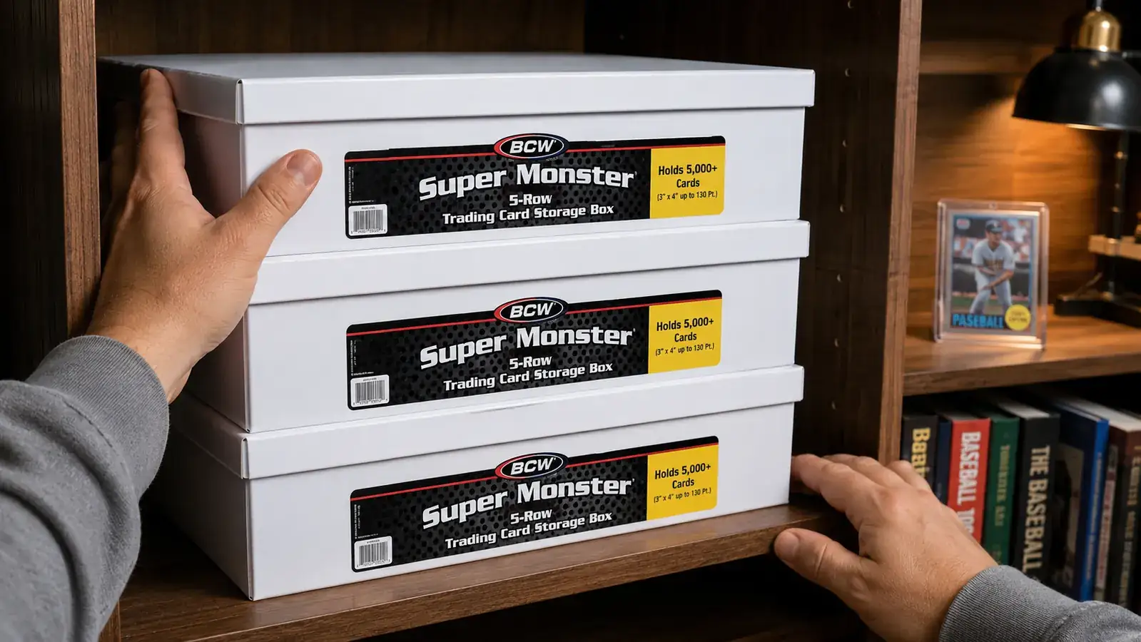 Stack of three BCW Super Monster Boxes on a shelf, evenly loaded, showing stable stackability