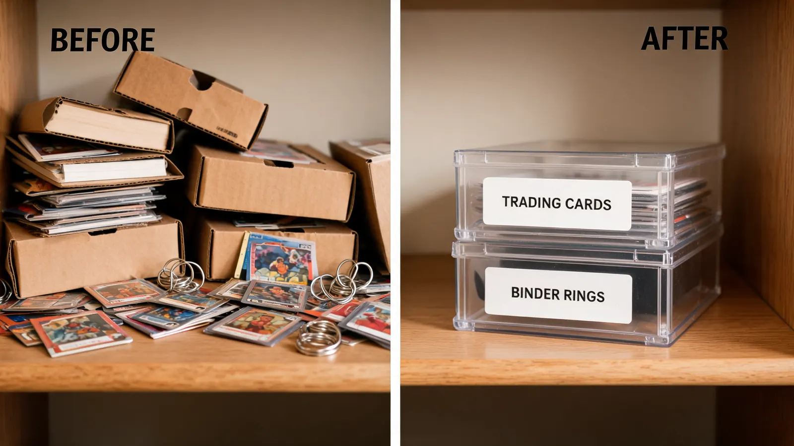 Messy pile of shoeboxes and loose trading cards overflowing on a shelf versus a tidy row of BCW storage boxes
