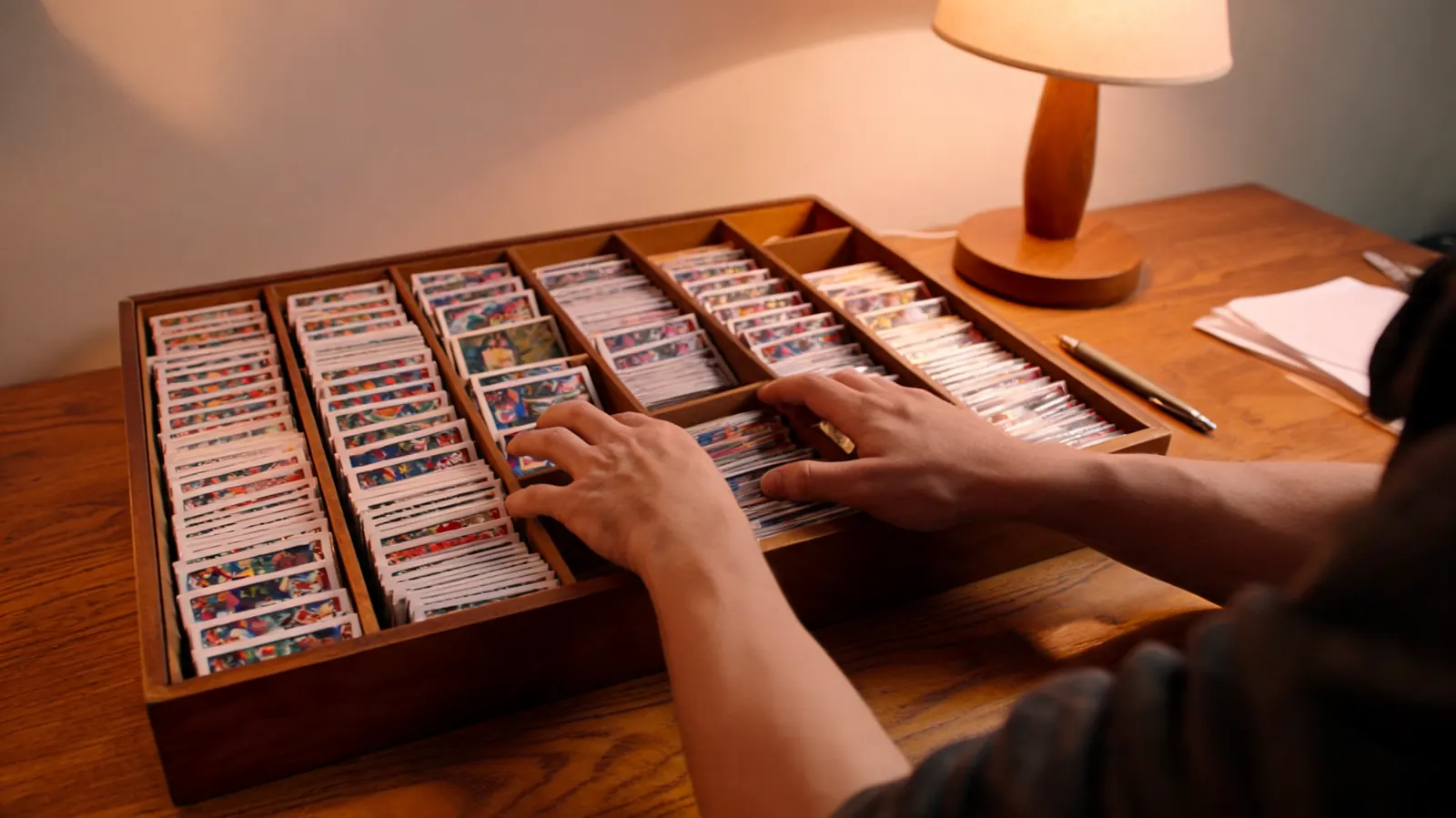 Collector pulling a card from one of the five rows inside a BCW Super Monster box on a desk
