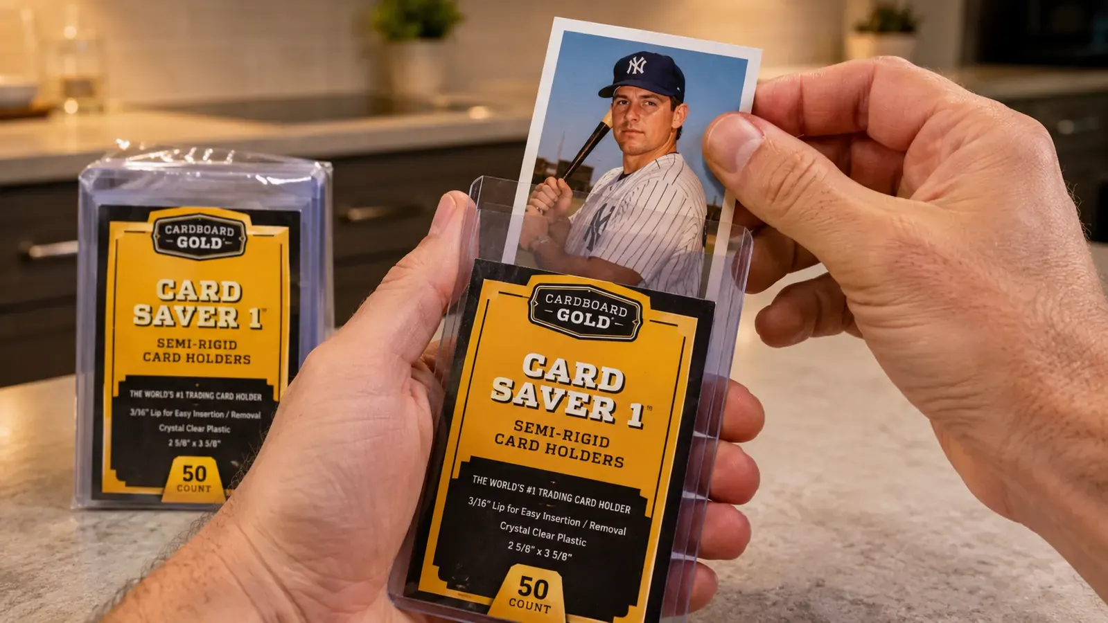 Hand sliding a baseball card into a Card Saver 1 semi-rigid holder, showing the open top and flexible walls