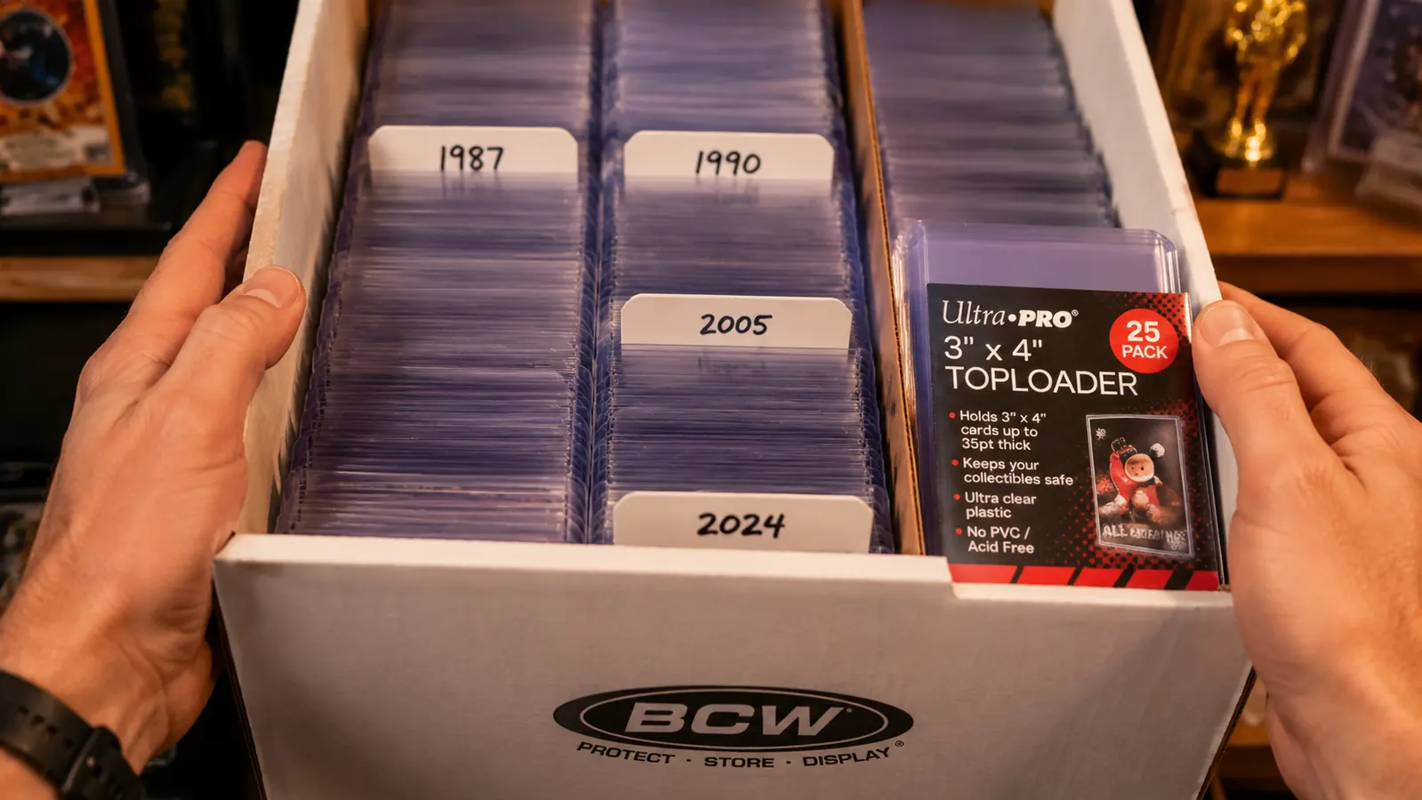 Labeled cardboard dividers separating top-loaded cards by year inside a BCW storage box