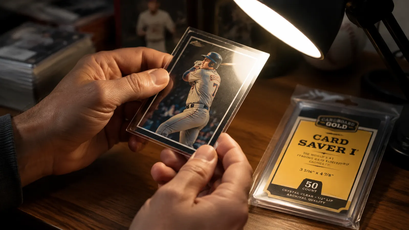 Hand holding a baseball card under a bright desk lamp, tilting it at an angle to inspect the surface for scratches and print defects