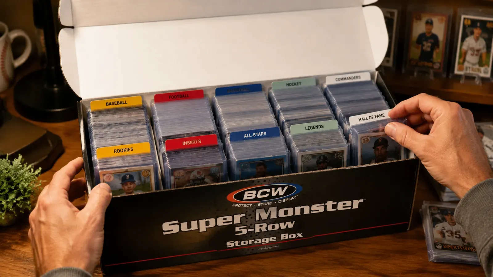 BCW Super Monster storage box open with five rows of cards organized by colored dividers inside