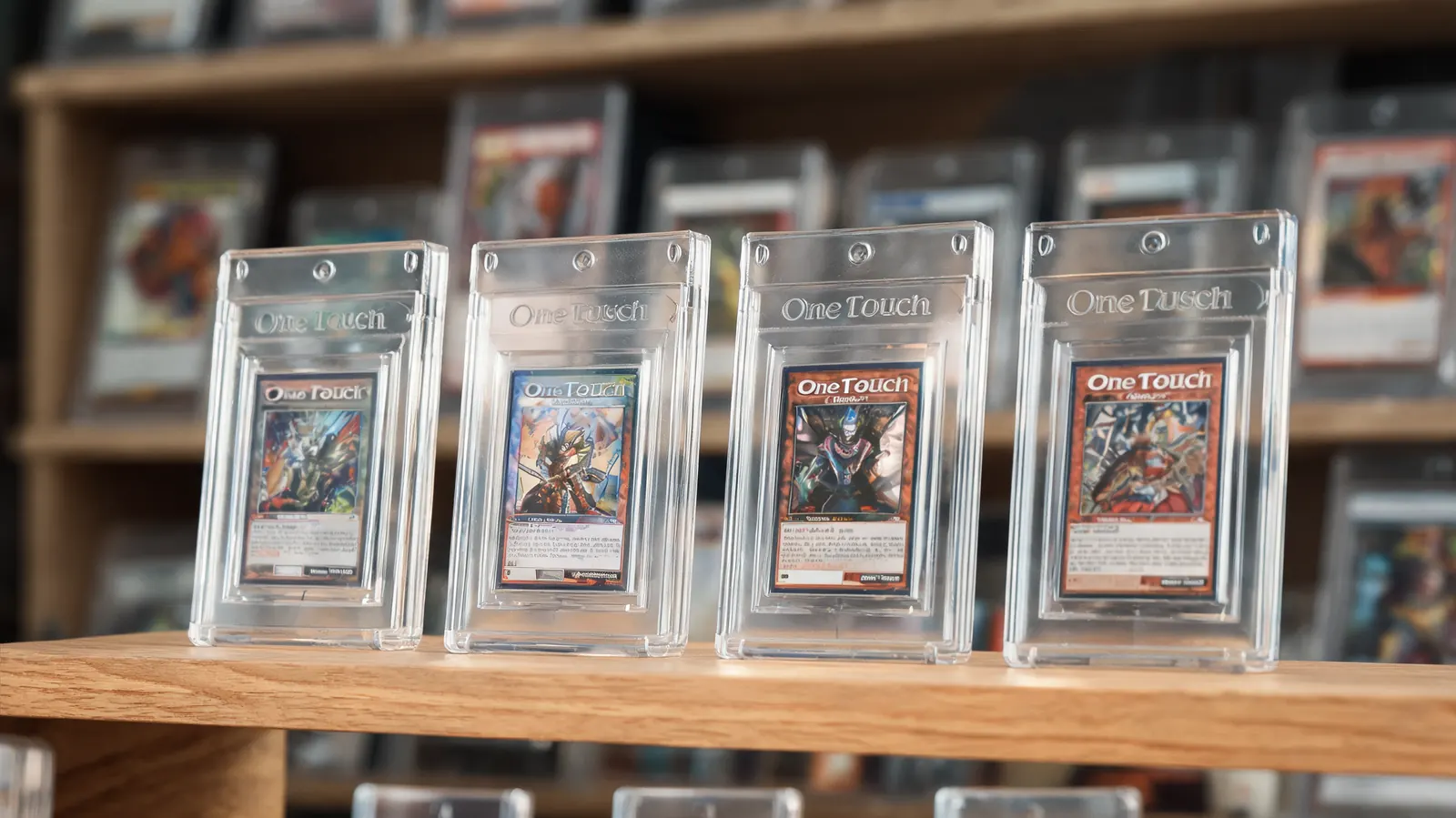 A row of Ultra Pro One Touch holders standing upright on a shelf, each holding a sleeved card