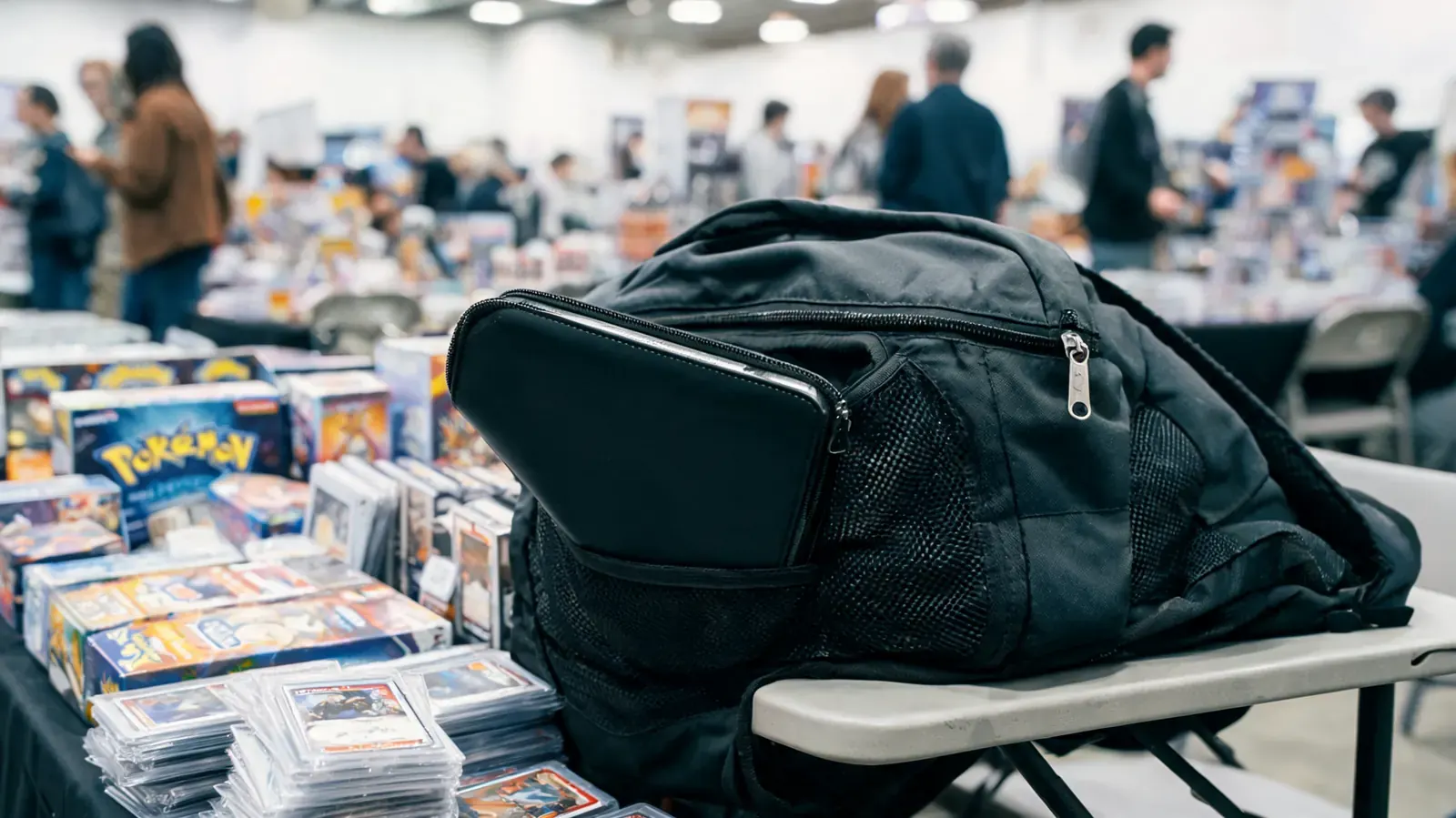 Vault X binder in a backpack pocket next to Pokemon booster boxes at a card show